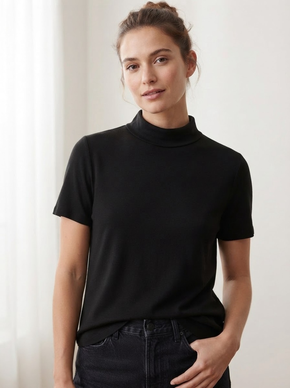 Theory Black Short-Sleeve Mock Neck Tee